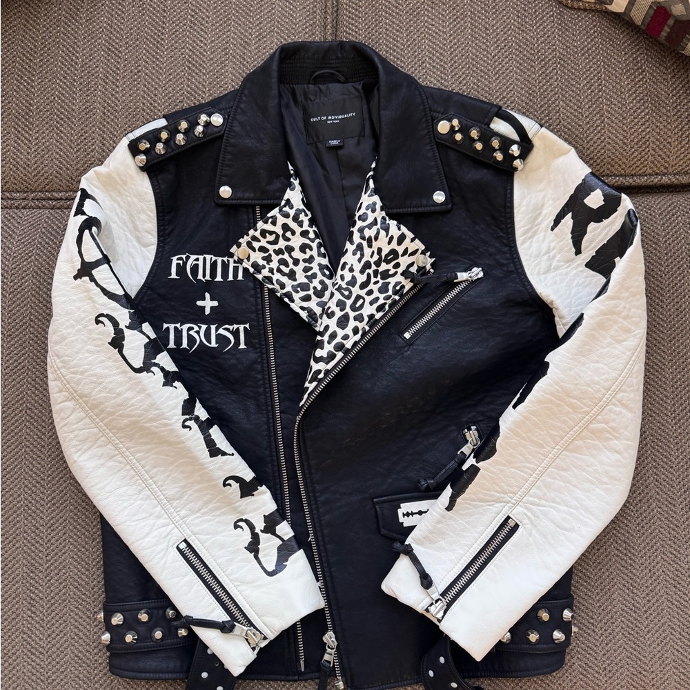 Cult of Individuality Leather Moto Biker Jacket Black and White Studded